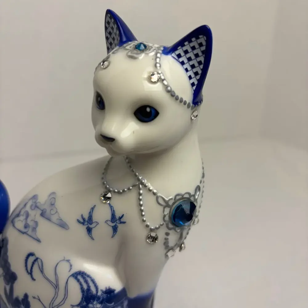 VTG Sparkling Blue Willow Cat porcelain with swarovski crystals. Figurine